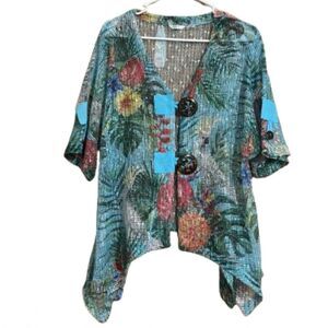 KAKTUS Women’s Blue/Green Multi Floral Print Crochet Top Beach Swim Coverup Sz-M